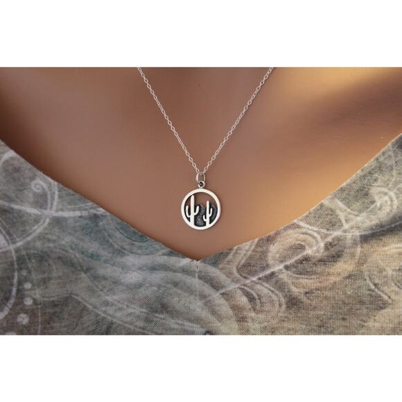 Sterling Silver Cactus Charm Necklace, Desert Mountain Charm Necklace - Picture 3 of 3